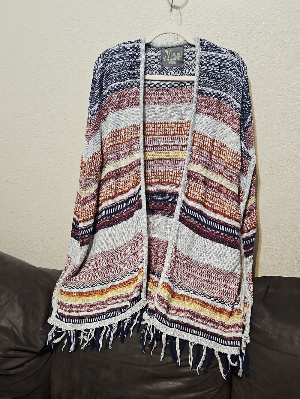 Natural Reflections Navy, Rust & Cream Striped Fringe Open Knit Cardigan